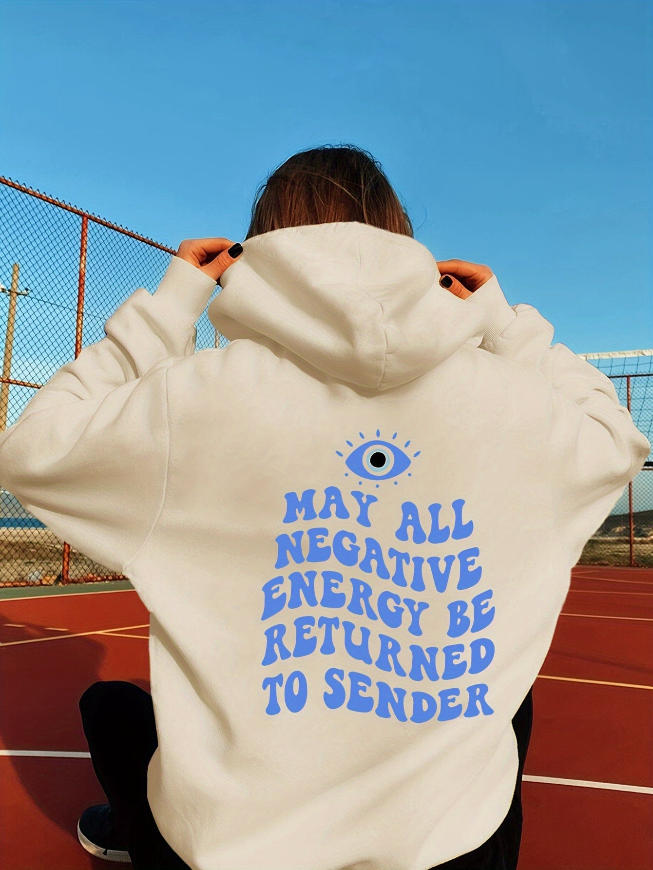 Big Eye & Sentence Print Hoodie, Casual Drawstring Kangaroo Pocket Hoodies Sweatshirt, Women's Clothing